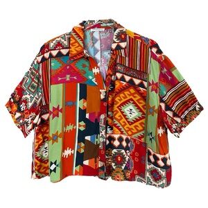 CHRISTIAN SIRIANO Y2K Revival Aztec‎ Tribal Print Cropped Rayon Blouse Size L